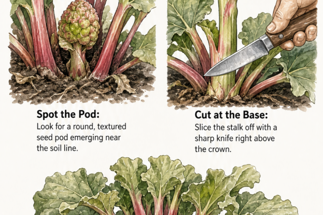 Illustration showing how to spot a rhubarb seed pod and cut the flower stalk at the base with a sharp knife.