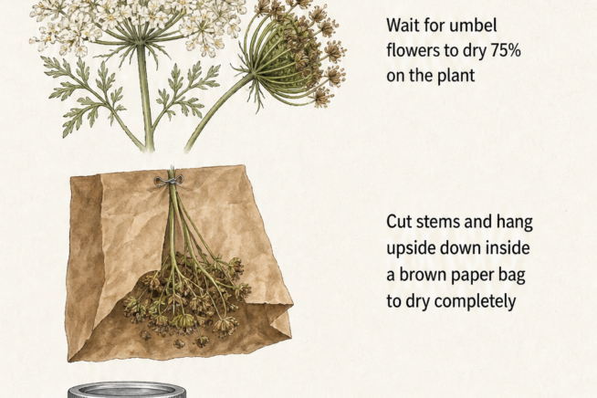 Three hand-drawn vignettes showing how to harvest and save carrot seeds using a brown paper bag and a mason jar