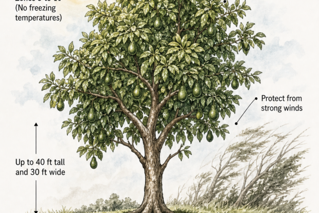 Botanical illustration showing the ideal environment for an avocado tree including full sun, well-drained loamy soil, and proper spacing.