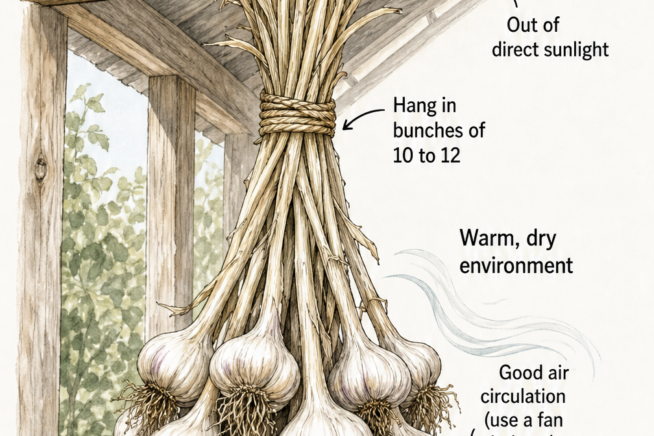 Botanical illustration showing garlic bunches hanging in a shaded, well-ventilated area to cure properly.
