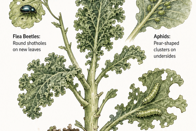 Botanical illustration showing four common kale pests: flea beetles, aphids, green worms, and cutworms with their specific leaf and stem damage.