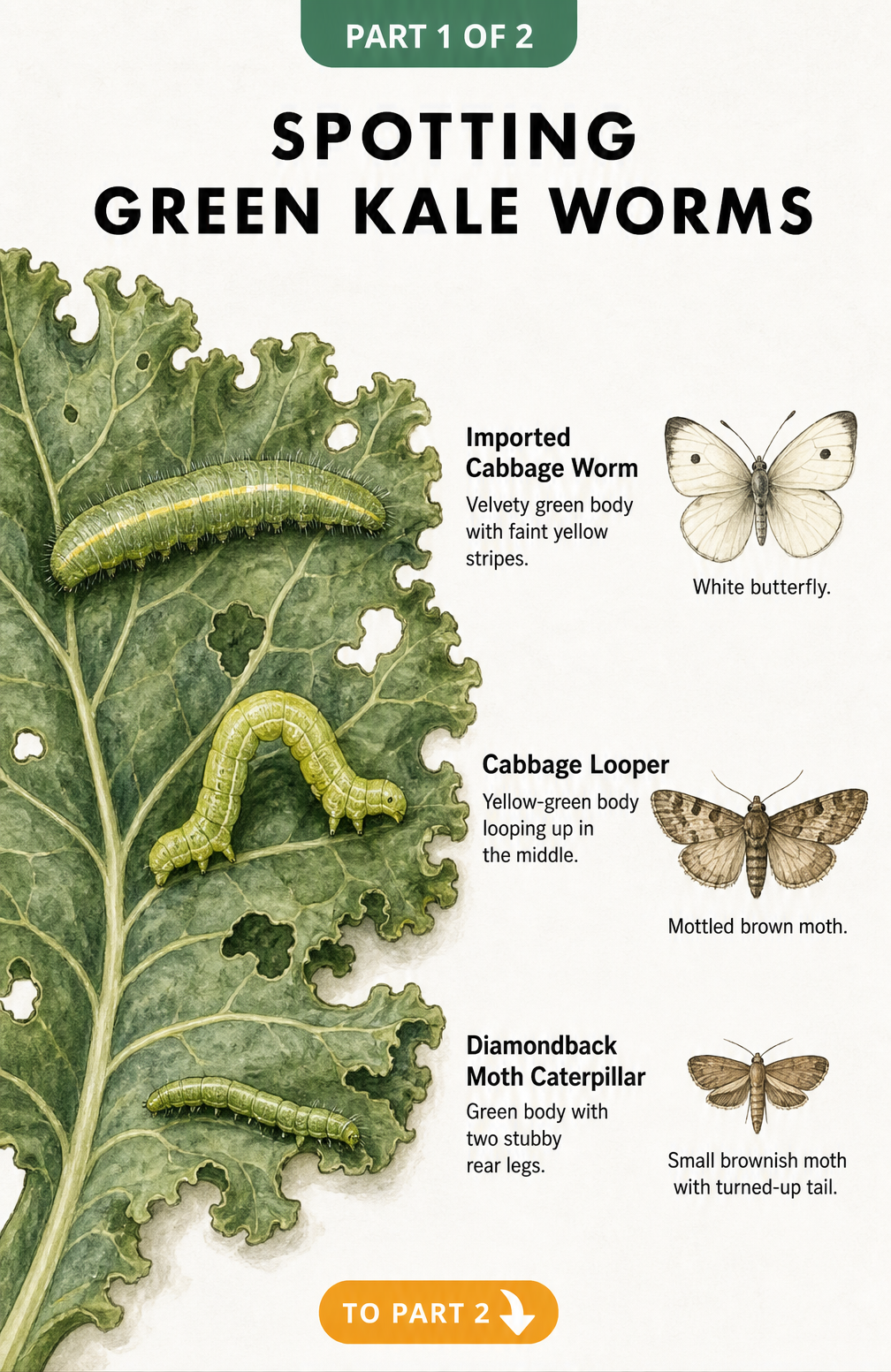 Botanical illustration of three green kale worms: imported cabbage worm, cabbage looper, and diamondback moth caterpillar on a chewed kale leaf.