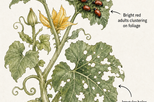Botanical illustration showing tiny yellow pumpkin beetle eggs in soil and bright red adult beetles chewing holes in pumpkin leaves.