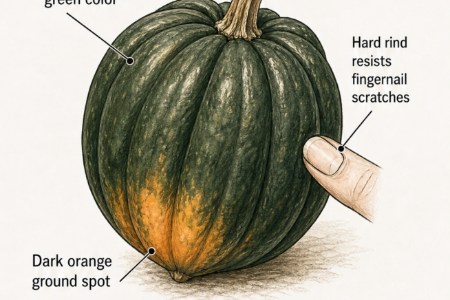 Botanical illustration showing how to identify a ripe acorn squash by its deep green color, dark orange ground spot, and hard rind.