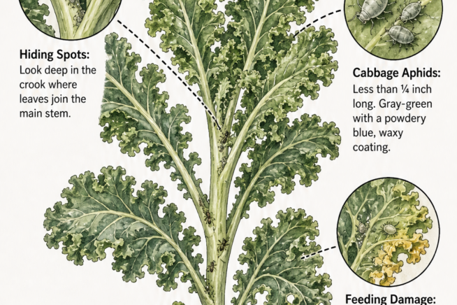Botanical illustration of a kale plant showing cabbage aphids, feeding damage, and ants farming honeydew.