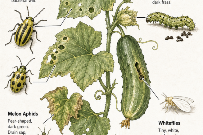 Botanical illustration of a cucumber vine showing common pests like cucumber beetles, pickleworms, melon aphids, whiteflies, and thrips with their specific...