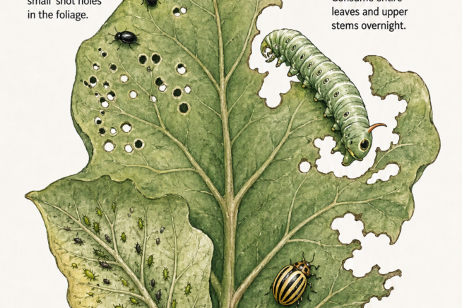 Botanical illustration showing common eggplant pests like flea beetles, tomato hornworms, aphids, and Colorado potato beetles with their specific leaf damage.