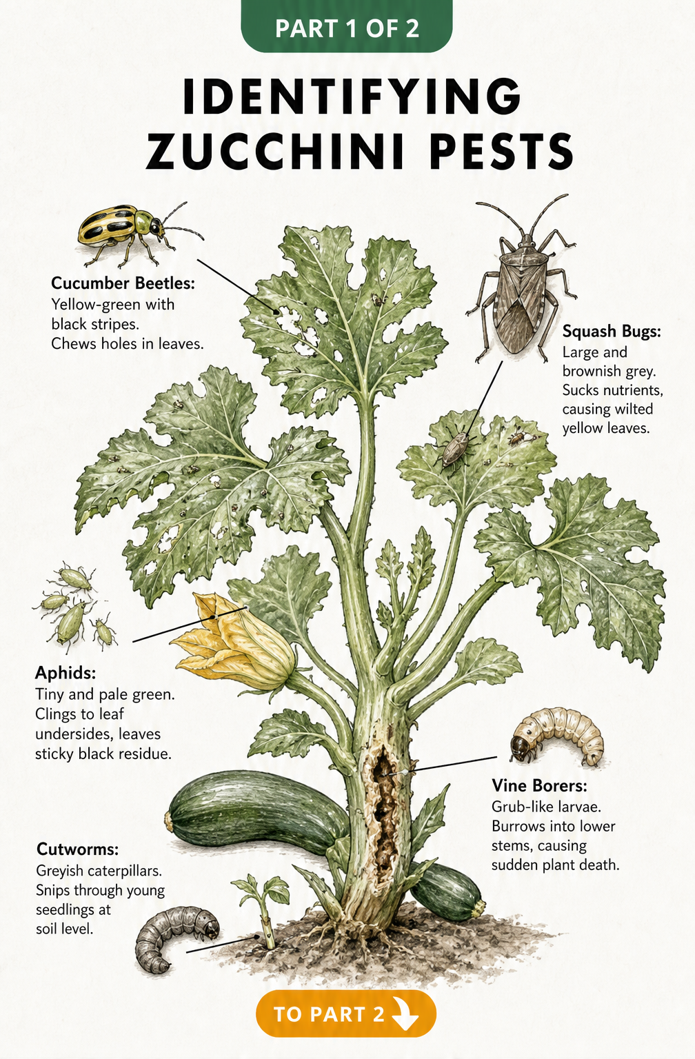 Botanical illustration showing common zucchini pests like cucumber beetles, squash bugs, aphids, vine borers, and cutworms attacking different parts of the...