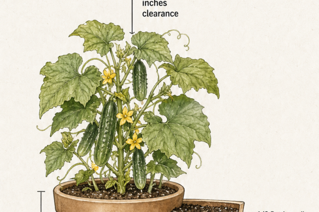Illustration of an indoor bush cucumber setup showing a 12-inch deep pot, soil mix, drainage tray, and LED grow light.