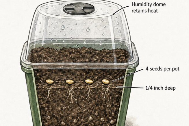 Illustration of an indoor seed starting pot showing eggplant seeds planted 1/4 inch deep with a humidity dome
