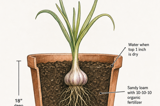 Illustration of a terracotta pot showing the soil depth and width requirements for growing garlic indoors.