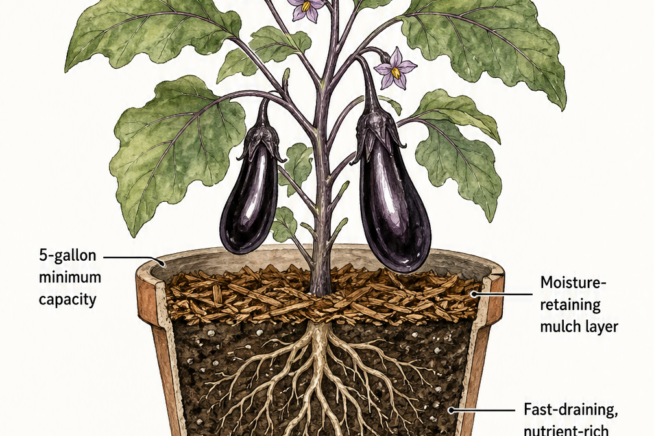 Cross-section illustration of a Japanese eggplant growing in a large container showing potting soil, mulch, and drainage holes