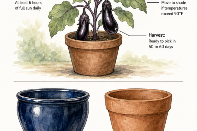 Illustration showing Japanese eggplant sunlight and heat requirements, plus a comparison of glazed and unglazed pots