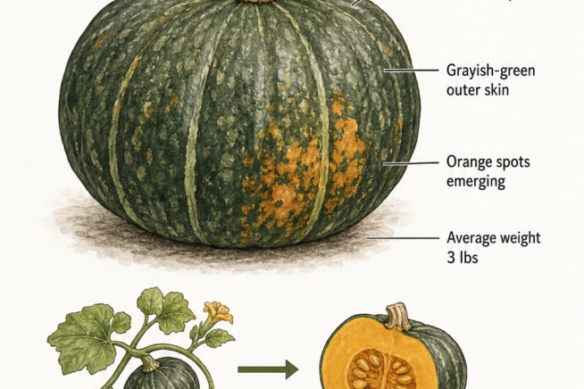 Botanical drawing of a ripe kabocha squash with a timeline showing harvest and curing days
