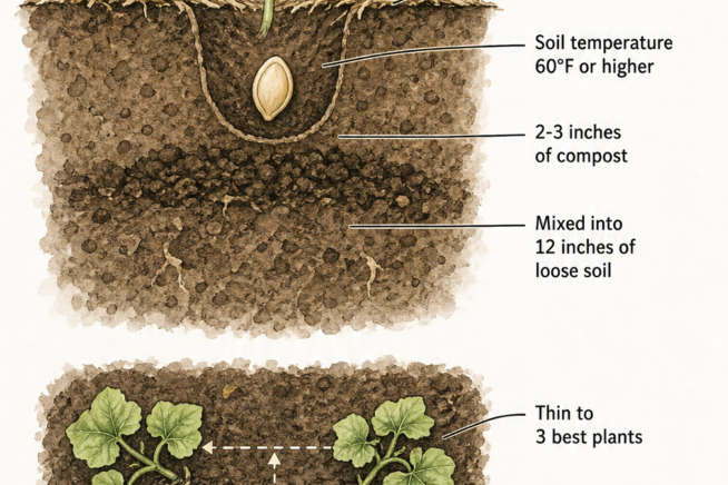 Botanical illustration showing kabocha squash planting depth, soil preparation, and plant spacing in a garden bed