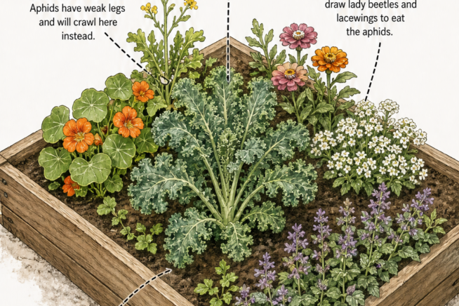 Isometric illustration of a raised garden bed showing kale surrounded by companion plants like mustard, nasturtiums, zinnias, and catnip.