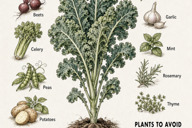 Botanical illustration showing good and bad companion plants for kale, including beets, dill, and tomatoes.
