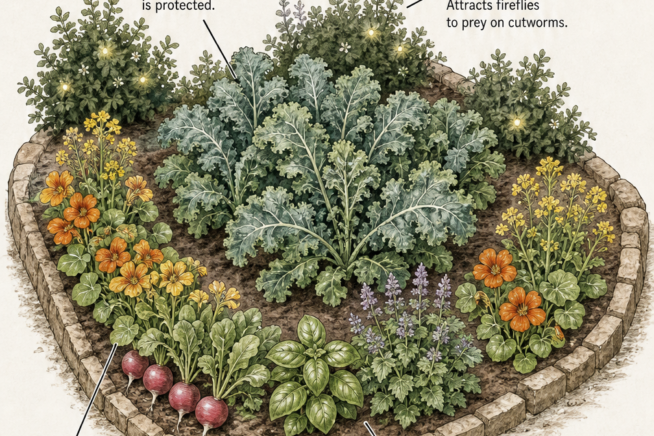 Isometric garden layout showing kale planted with pest-repelling basil and pest-luring nasturtiums.