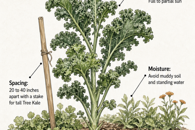 Botanical illustration of a curly kale plant showing roots in soil, with labels for sunlight, moisture, soil pH, and spacing requirements.