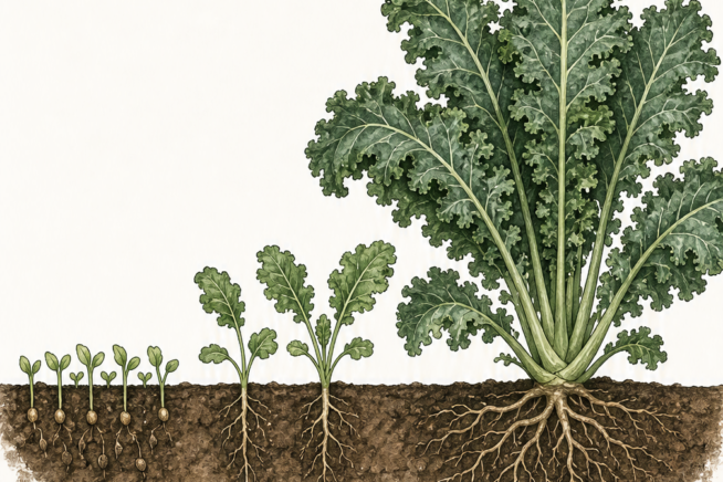 Botanical illustration showing kale spacing by growth stage, from crowded sprouts to mature plants needing 12 to 18 inches.