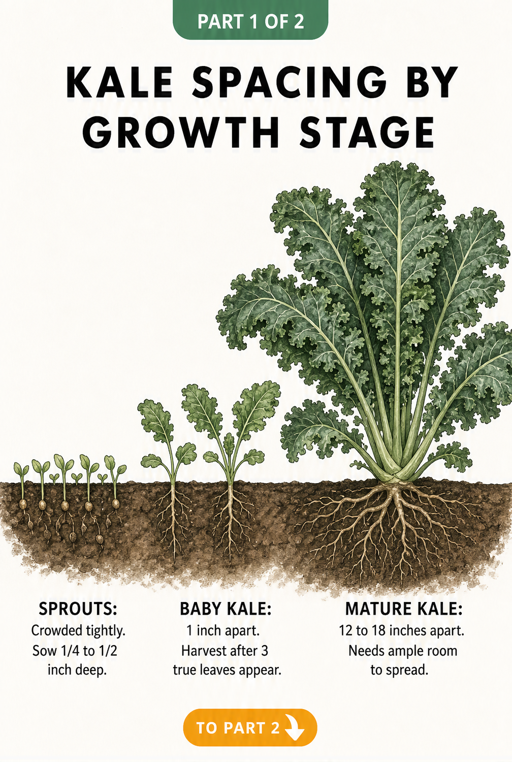 Botanical illustration showing kale spacing by growth stage, from crowded sprouts to mature plants needing 12 to 18 inches.