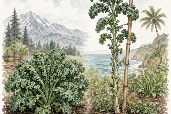 Botanical illustration comparing bushy cold-weather kale varieties like Scots and Tuscan with tall warm-climate varieties like walking stick kale.