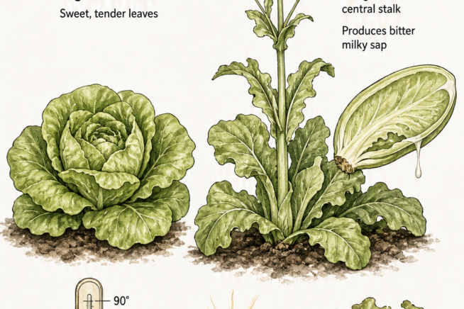Botanical illustration comparing a healthy vegetative lettuce head with sweet leaves to a bolted lettuce plant with an elongated flowering stalk and bitter...