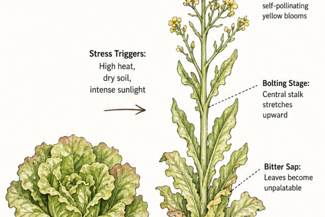 Botanical illustration showing a compact lettuce head next to a bolted lettuce plant with a tall central stalk and yellow flowers, highlighting stress triggers...