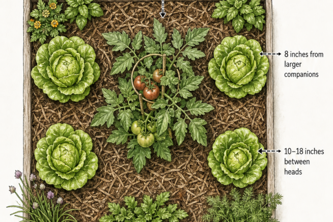 Top-down view of a garden bed layout showing crisphead lettuce planted around a central tomato plant with mulch
