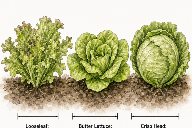 Illustration showing the ideal plant spacing for looseleaf, butter, and crisp head lettuce varieties in a garden bed