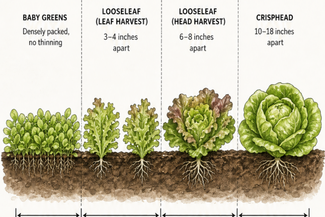 Illustration showing spacing requirements for baby greens, looseleaf, and crisphead lettuce in a garden bed