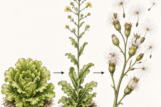 Botanical illustration showing the three stages of the lettuce seed cycle from vegetative growth to flowering shoot and seed dispersal.