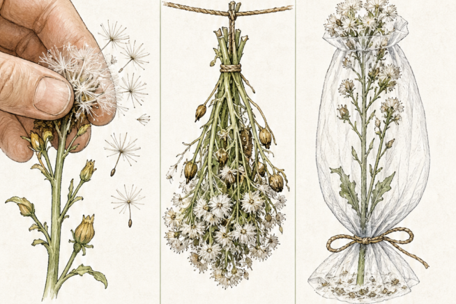 Three hand-drawn illustrations showing lettuce seed harvesting methods: hand gathering, hang drying, and using a tulle catchment bag.