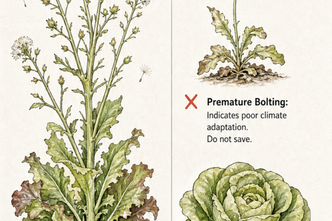 Botanical illustration comparing heirloom lettuce with natural maturity to premature bolting and hybrid varieties for seed saving.