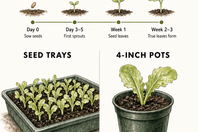 Illustration comparing lettuce sprouts grown in a shallow seed tray versus a deep 4-inch pot.