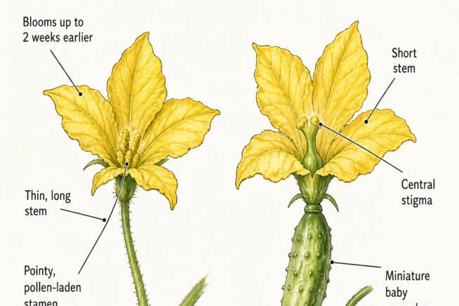 Botanical illustration comparing male and female cucumber flowers, showing the male's thin stem and pollen-laden stamen versus the female's short stem, central...