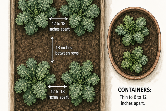 Top-down illustration of a garden bed and container showing mature kale plants spaced 12 to 18 inches apart.
