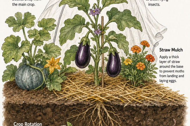 Cross-section illustration of a garden bed showing natural eggplant protection methods including trap cropping, physical barriers, crop rotation, and straw...