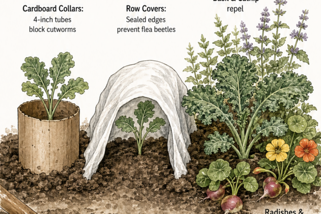Cross-section of a garden bed demonstrating natural kale pest defenses including cardboard collars, row covers, and companion planting with basil and radishes.