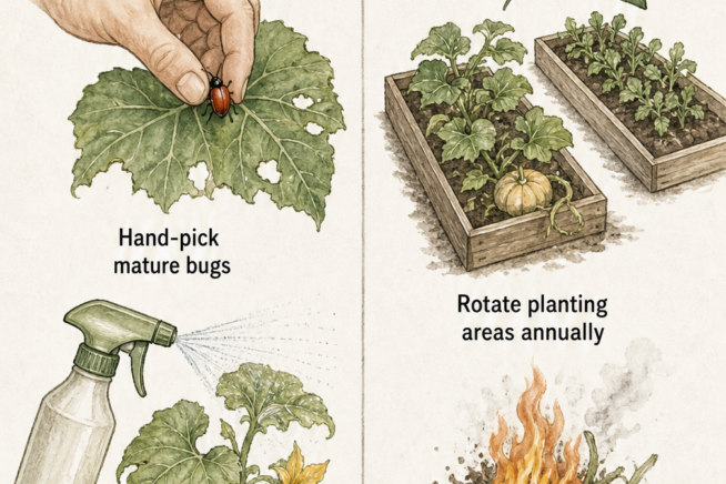 Illustration showing natural pumpkin beetle control methods like hand-picking, spraying neem oil, crop rotation, and burning infested debris.