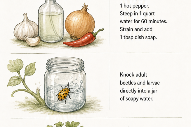 Three natural methods to control squash beetles: a homemade garlic and pepper spray, handpicking into soapy water, and crop rotation.
