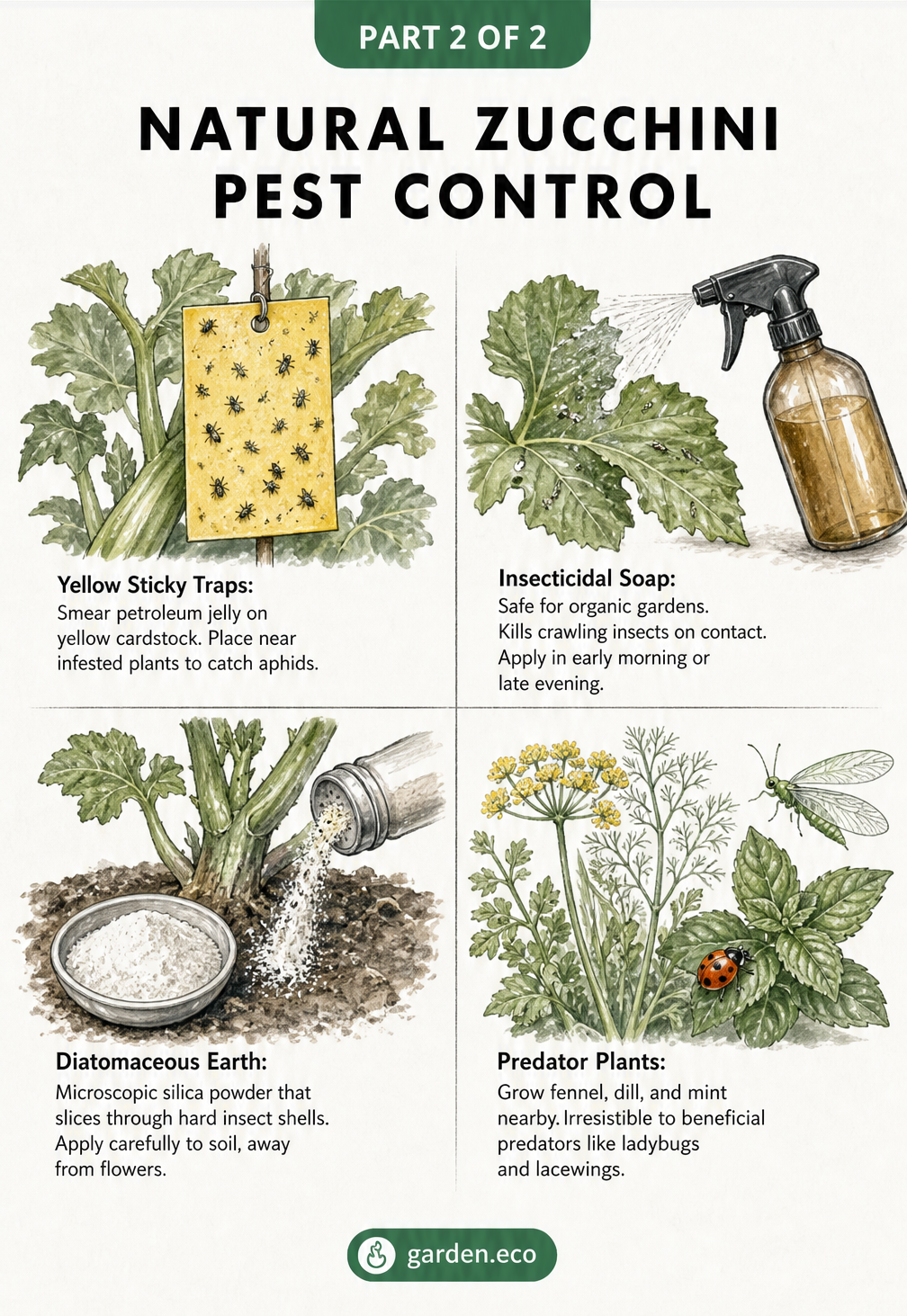 Four organic pest control methods for zucchini: yellow sticky traps, insecticidal soap, diatomaceous earth, and predator plants.