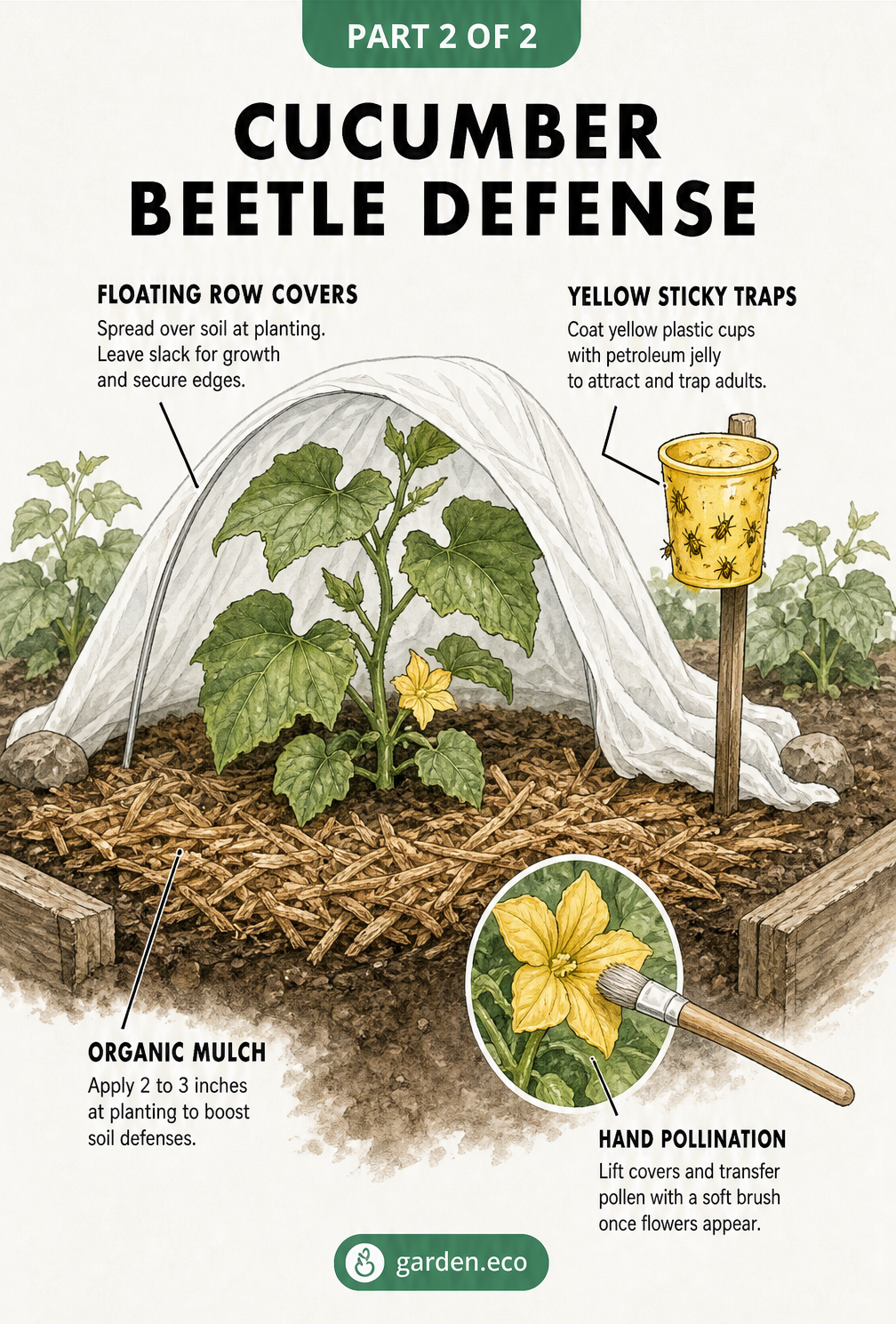 Cross-section illustration of a garden bed showing floating row covers, yellow sticky traps, organic mulch, and hand pollination techniques.