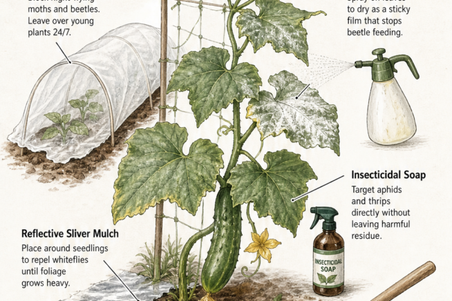 Illustration of a garden bed showing organic cucumber pest control methods like floating row covers, reflective silver mulch, kaolin clay, insecticidal soap,...
