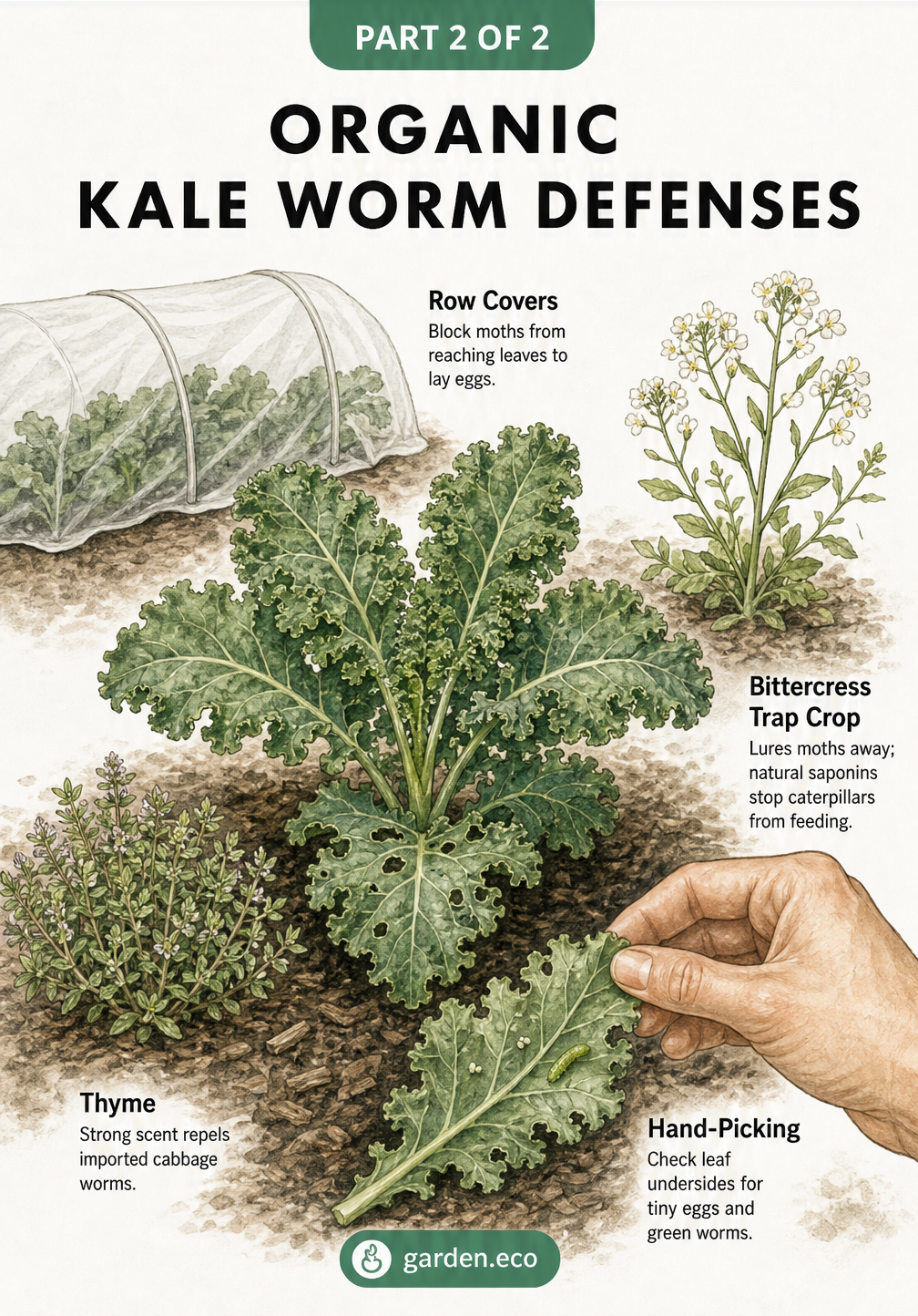 Illustration of a garden bed showing organic defenses against kale worms, including row covers, thyme, bittercress trap crops, and hand-picking.
