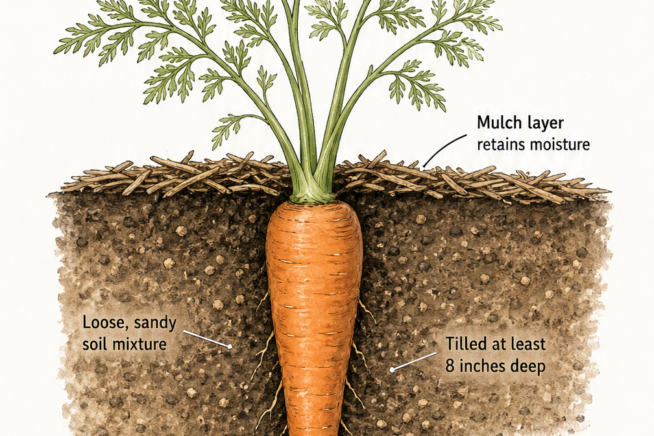 Botanical cross-section illustration of a carrot growing in loose, sandy soil with labels for full sun, mulch, and avoiding rocks