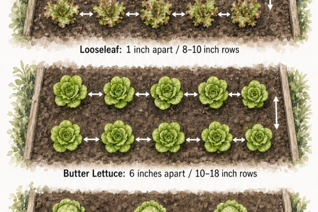 Top-down view illustrating row spacing and plant density for looseleaf, butter, and crisp head lettuce