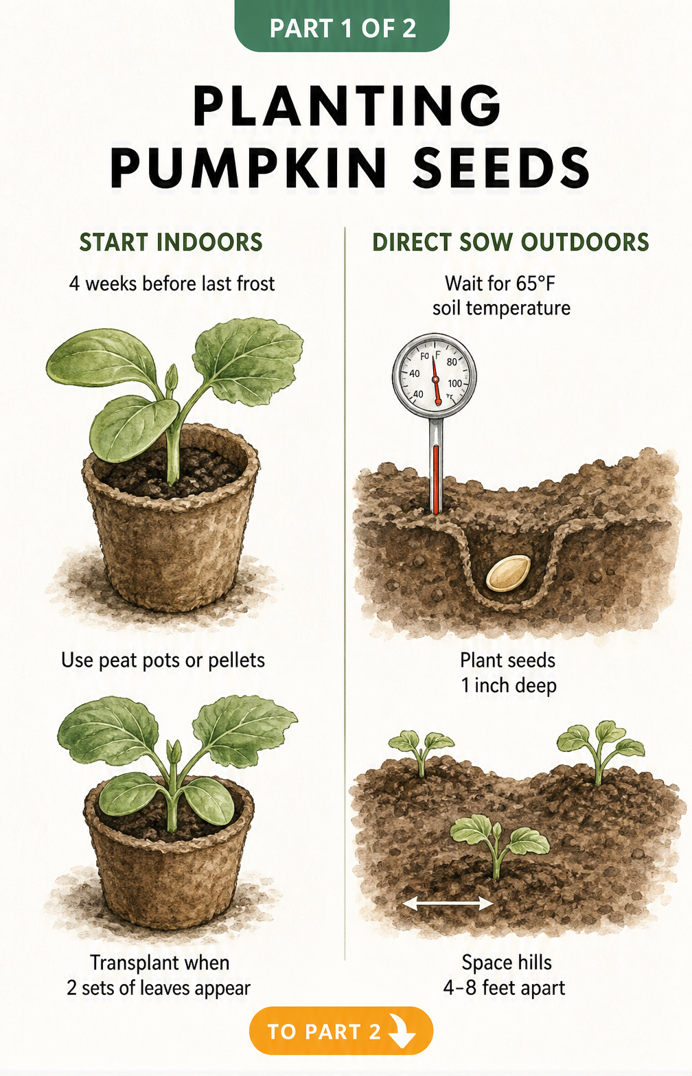 Illustration showing how to plant pumpkin seeds indoors in peat pots and outdoors with a soil thermometer.