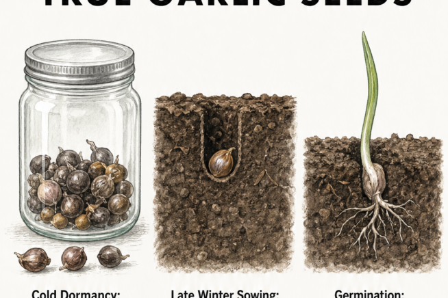 Illustration showing the three stages of planting true garlic seeds: cold dormancy in a jar, sowing in soil, and a young seedling sprouting.