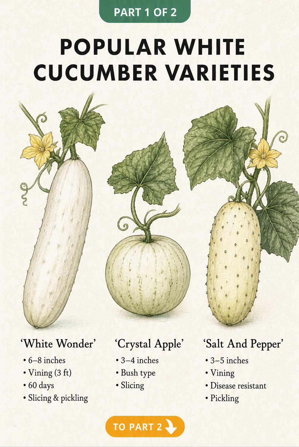Botanical illustration of three popular white cucumber varieties: White Wonder, Crystal Apple, and Salt And Pepper.